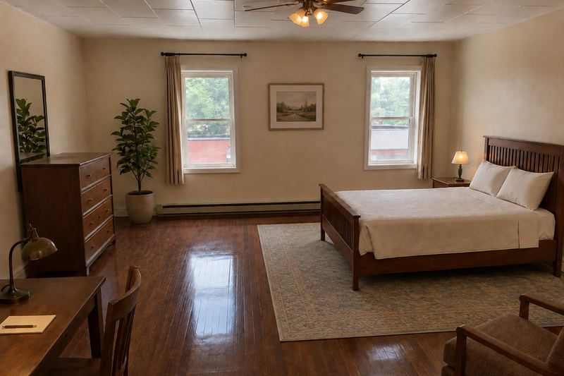 Furnished studio efficiency with a queen bed, writing desk, dresser, and armchair on polished hardwood floors