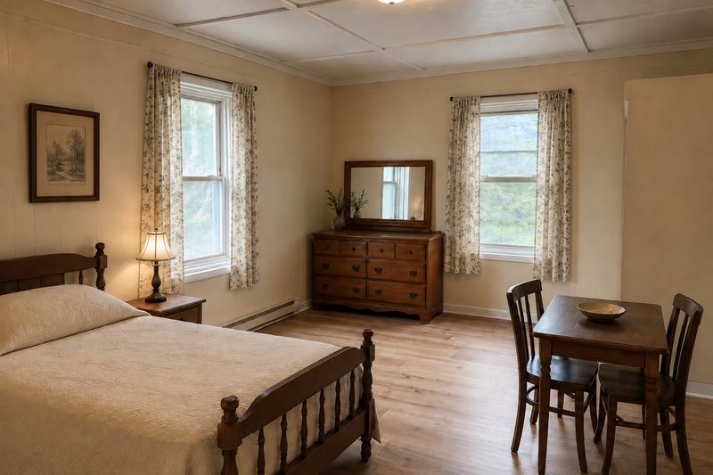 Bedroom in a furnished one-bedroom apartment with a queen bed, dresser and mirror, and a small dining table by the windows