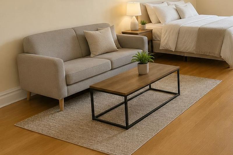 Living area with a grey sofa, area rug, and coffee table in a furnished Meadow River Lofts apartment