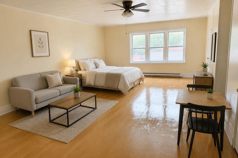 Furnished studio efficiency with a queen bed, sofa, coffee table, and dining set on hardwood floors